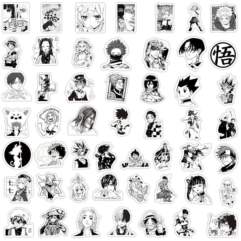 Kids Anime Stickers Mixed Pack, 100pcs Black and White Anime Characters Decals Movie Decorative Sticker for Kids Teens Waterproof Stickers