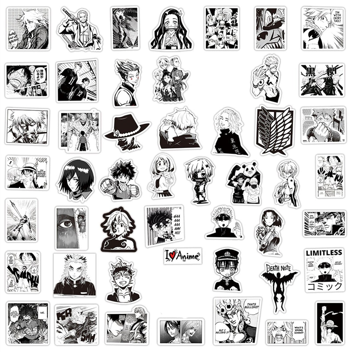 Kids Anime Stickers Mixed Pack, 100pcs Black and White Anime Characters Decals Movie Decorative Sticker for Kids Teens Waterproof Stickers