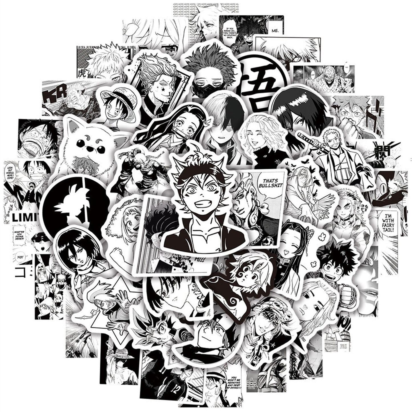 Kids Anime Stickers Mixed Pack, 100pcs Black and White Anime Characters Decals Movie Decorative Sticker for Kids Teens Waterproof Stickers