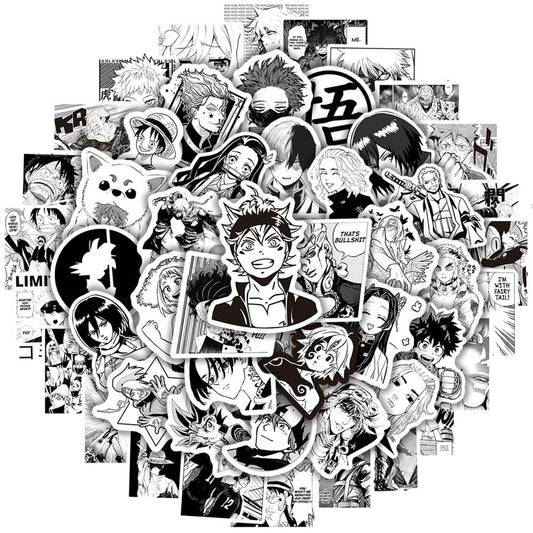 Kids Anime Stickers Mixed Pack, 100pcs Black and White Anime Characters Decals Movie Decorative Sticker for Kids Teens Waterproof Stickers